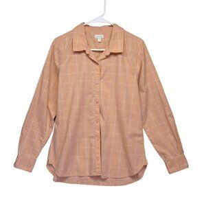 Garnet Hill Shirt Womens 8 peach coral white Plaid 100% Pima Cotton Button‎ Up